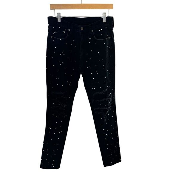 LF Carmar Women’s Bling Rhinestone Distressed Knee Black Skinny Denim Jeans 27 - Picture 1 of 6